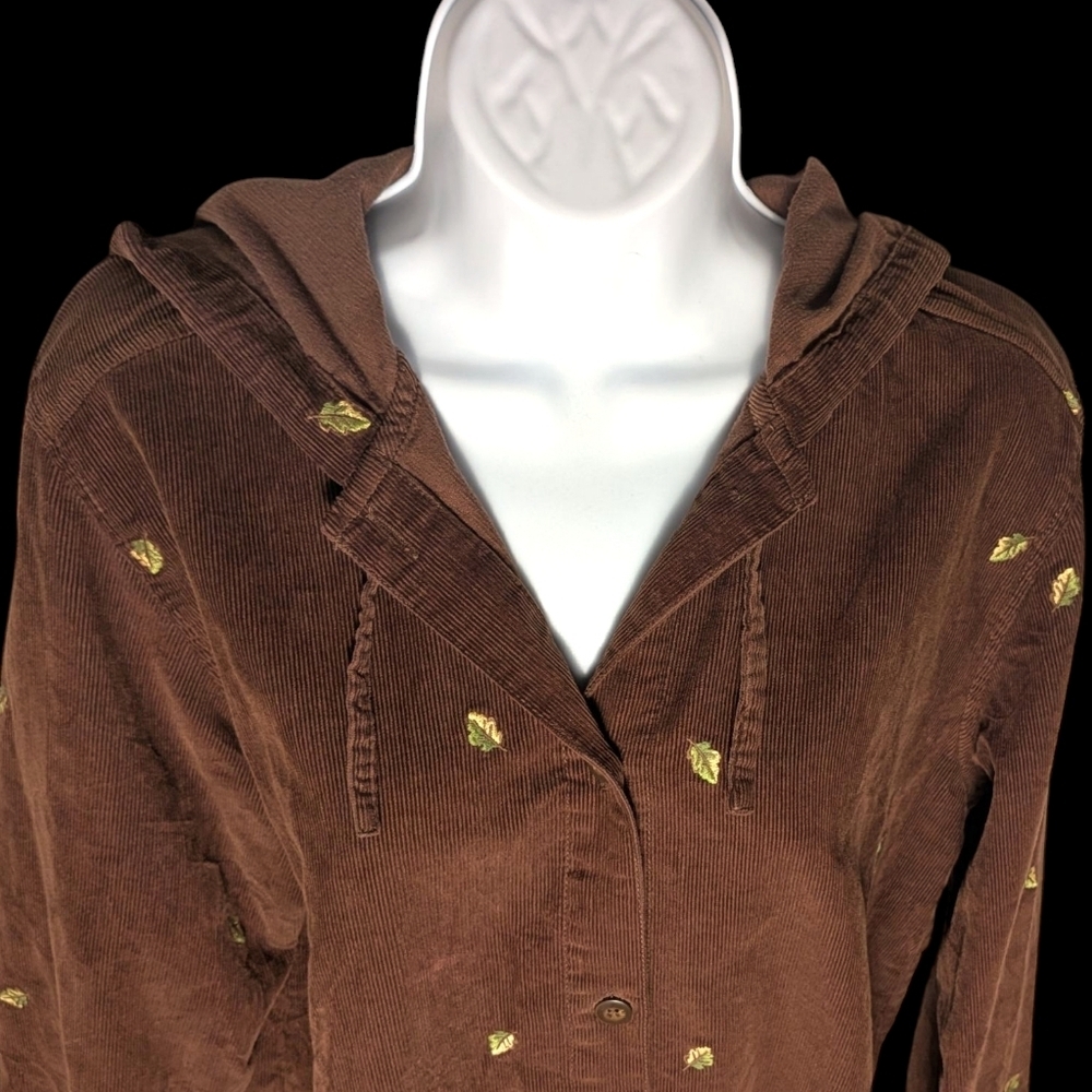 Vintage Corduroy Button Up Hoodie Casablanca Sport Brown 90s Leaf Embroidery - Picture 8 of 13